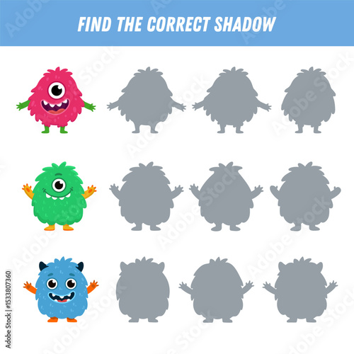 Find correct shadow of cute monsters. Educational logical game for kids. Halloween game. Cartoon monsters. Vector