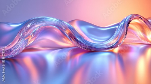 A smooth, translucent wave-like form reflecting soft blue and orange light on a glossy surface, creating a futuristic and fluid abstract scene.