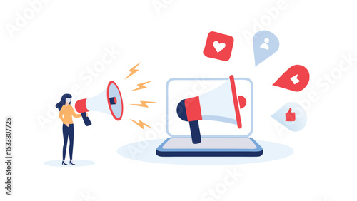 Woman using megaphone to promote online content with laptop and social media icons around it