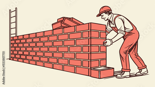 "Seamless brick wall background, red clay bricks, realistic texture, construction style, vector design"