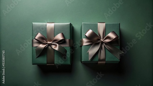 Two luxuriously wrapped presents, dark green boxes with elegant bronze ribbon bows, on a matching background.
