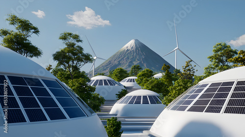 Modern domed buildings with solar panels and wind turbines set in a green landscape with a snow-capped mountain in the background under a blue sky.