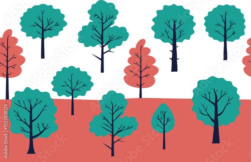 Colorful stylized trees arranged in a seamless pattern against a white and red background