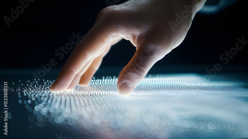 A hand interacts with a glowing digital surface, representing futuristic technology and touch-based interface innovation.