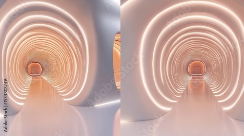 Futuristic hallway with smooth curves and soft lighting creating a modern atmosphere.