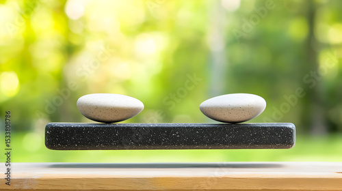 Two smooth white stones balanced on a black rectangular platform with a blurred green nature background.