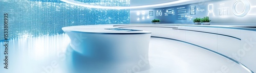 Futuristic office interior with sleek design and digital displays.