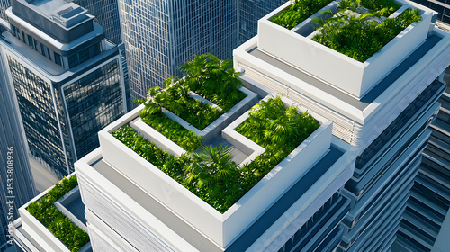Modern city skyscrapers featuring multi-level rooftop gardens with lush greenery, showcasing urban green architecture and sustainable city planning.
