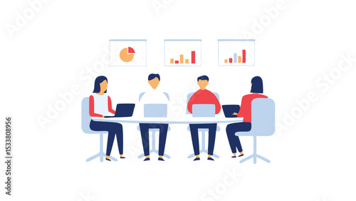 People attending a business meeting with laptops and charts on the wall in a conference room setting