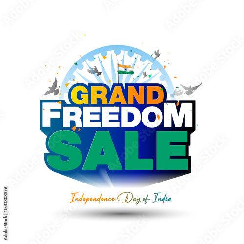 Grand Freedom sale. Independence day of India. 3d Vector logo with tricolour background.
