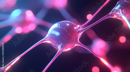 A close-up digital illustration of interconnected neurons glowing with pink and purple hues, symbolizing neural networks and brain activity.