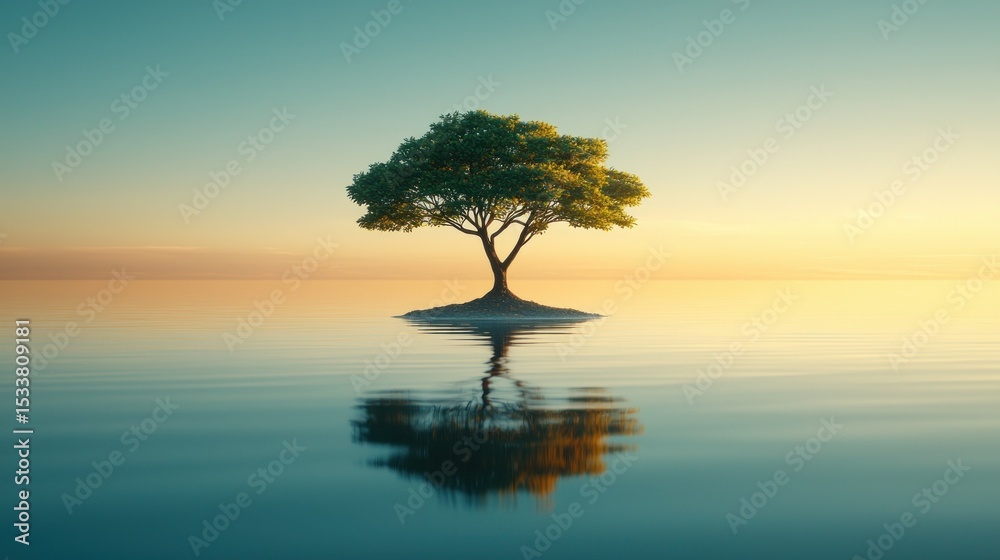 Obraz premium Serene sunset illuminates a solitary tree on a small island, perfectly mirrored in calm water