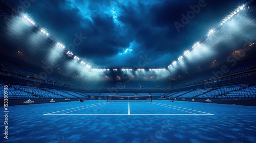 A dramatic, well-lit tennis court under a stormy sky with empty blue seats and bright stadium lights illuminating the scene.