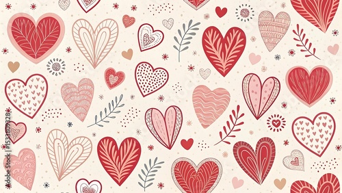 Hand drawn heart shape holiday background with abstract hearts. Seamless light pattern