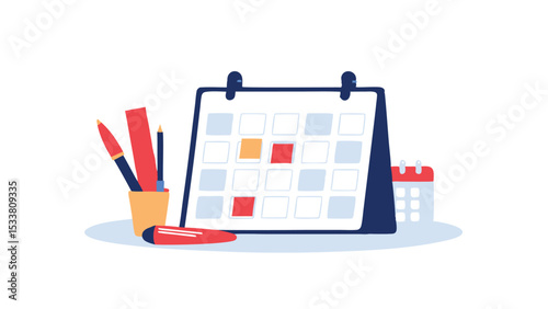 Illustration of a desk calendar with marked dates and stationery items in a bright and clean style