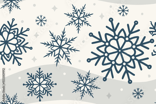 Winter Wonderland: A serene and minimalist illustration of snowflakes floating against a backdrop of gentle snowy hills, perfect for holiday themes. 