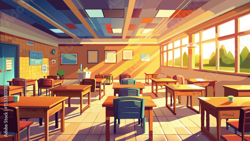 Sunlight gently fills the room where desk and chairs in classroom await eager students. The quiet atmosphere, clean surfaces, and wooden accents inspire learning in this bright educational space.