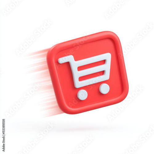 Red shopping cart icon with motion blur effect, symbolizing fast online shopping or delivery, on white background