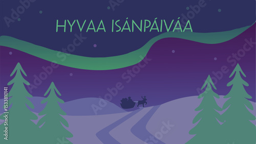 A beautiful minimalist illustration of finnish father’s day featuring a sleigh with a reindeer, celebrating hyvää isänpäivää with design elements.