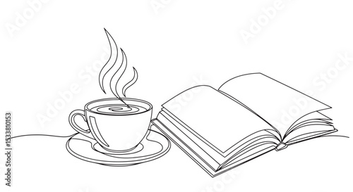 Coffee and Book Line Art - Cozy Reading Moment Vector
