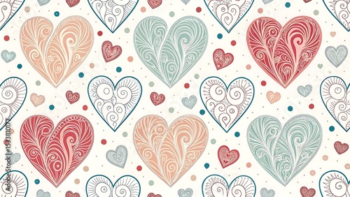 Hand drawn heart shape holiday background with abstract hearts. Seamless light pattern