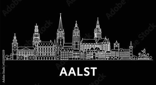 Aalst with Belgium Skyline Line Art White Outline.