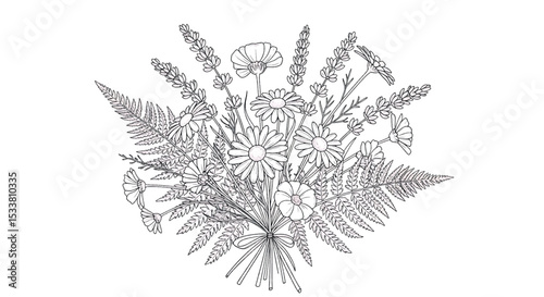 Wildflower Bouquet Line Art - Delicate Botanical Vector Illustration