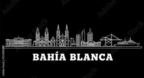 Bahia Blanca Skyline with Argentina, and White Silhouette.