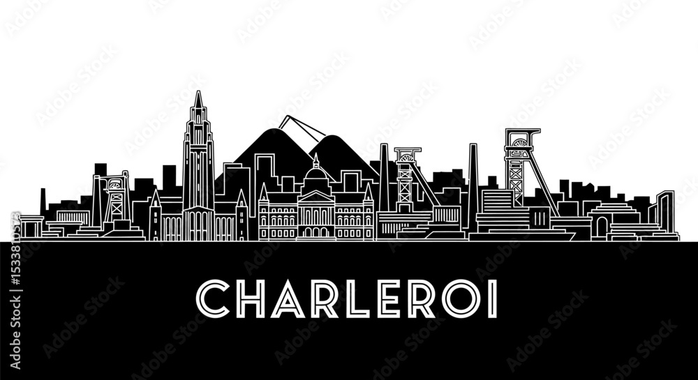 Naklejka premium Charleroi Skyline Black and White Illustration.