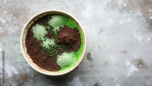 Aromatic blend of cocoa powder, green sugar, and tiny spheres in a bowl