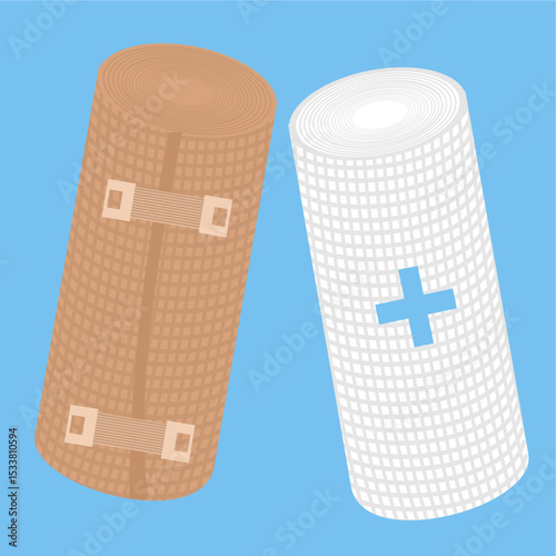 Two rolled bandages: brown and white,
elastic bandage and white gauze roll,
used for wounds and first aid,
doctor care, flat design style.