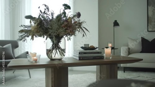 Minimalist living room interior featuring wooden coffee table with dried floral arrangement in glass vase, books, and lit candles creating calm cozy atmosphere. Home decor concept
