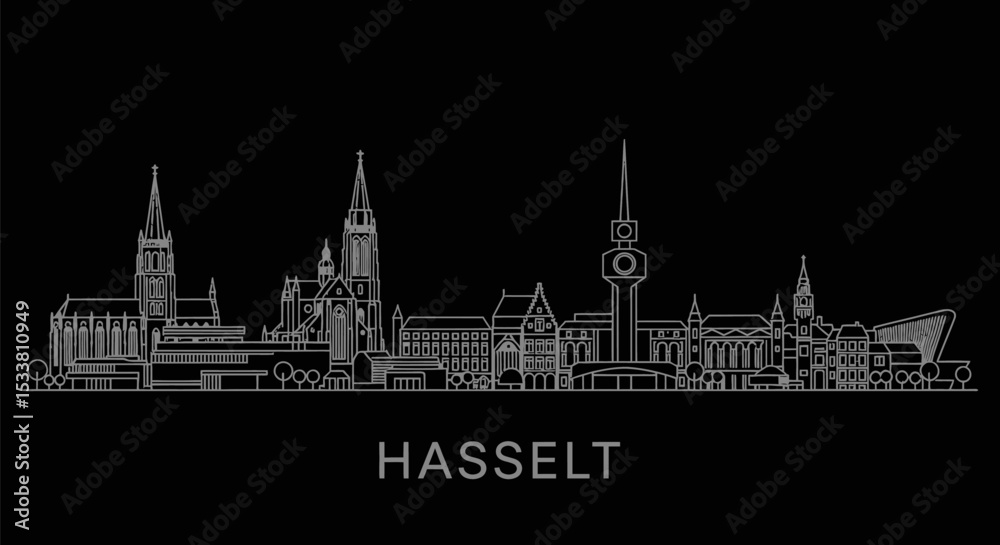 Fototapeta premium Hasselt Belgium Skyline Outline White line on Black.