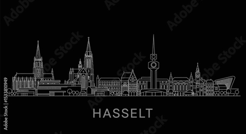 Hasselt Belgium Skyline Outline White line on Black.