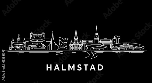 Halmstad Sweden Skyline with Line Art, and Black Background.