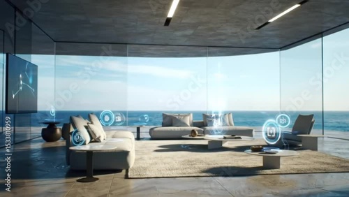 Modern futuristic smart home interior with transparent glass walls overlooking ocean, minimal furniture, and virtual holographic user interface projected in sunlight. Technology concept
