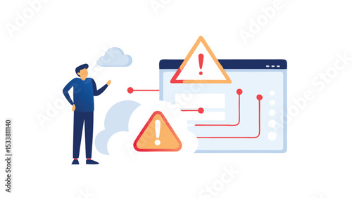 Man standing next to a screen with warning signs and cloud icons indicating potential issues online now