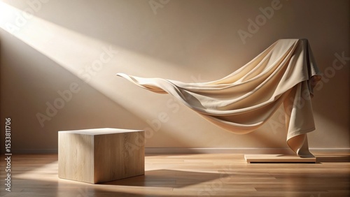 Elegant Draped Fabric and Wooden Cube Display on Light Wood Floor