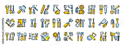 Colorful Repair Tools Icons Set with Maintenance Hand Tools Construction Workshop and Equipment Symbols