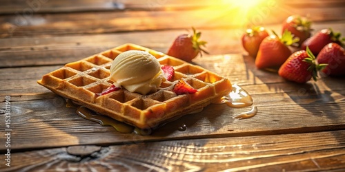 Golden-brown waffle topped with vanilla ice cream and fresh strawberries, bathed in sunlight on rustic wooden table