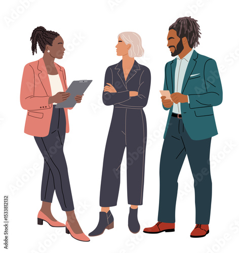 Different business team members standing, talking, communicating, taking part in business activities, casual meeting, brainstorming. Multiracial people vector illustration isolated.