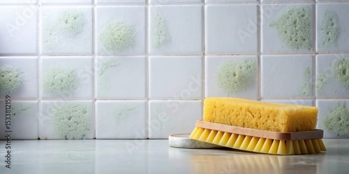 Cleaning supplies rest on a counter in front of a tiled wall with mildew