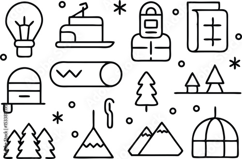 A collection of various hand drawn black and white icon illustrations representing different concepts