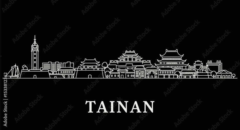Obraz premium Tainan with Taiwan, Skyline, Landmark, City, and Line Art.