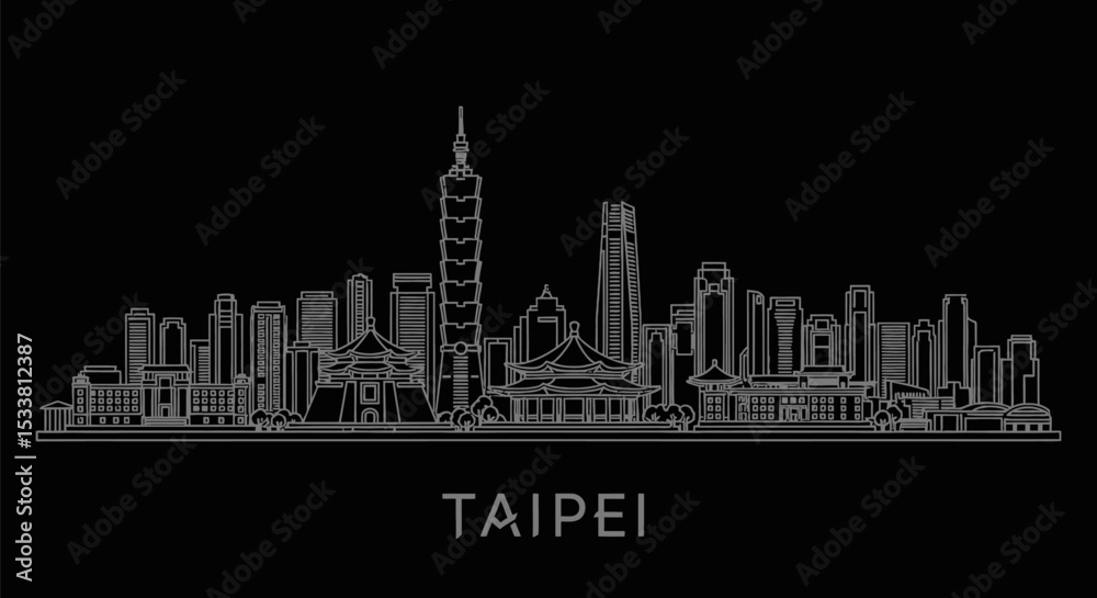 Fototapeta premium Taipei Skyline Outline Cityscape Vector.