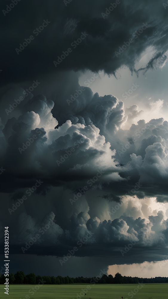 custom made wallpaper toronto digitalStormy rain clouds overhead, a solitary white cloud peeking out from behind a dark mass of clouds, creating a striking visual contrast, foggy, hidden and stormy skies with a few wispy cirrus clouds.
