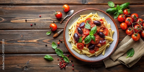 Aromatic pasta dish with a rich tomato sauce, olives, and fresh basil, served on a rustic wooden table.