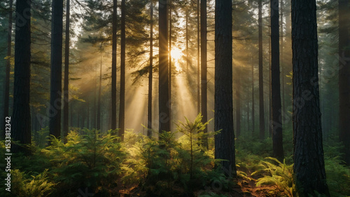 Golden Dawn in a Serene Pine Forest with Morning Mist