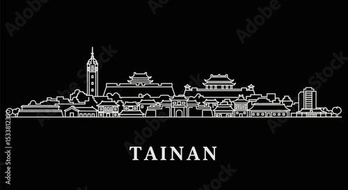 Tainan City Skyline Vector with Taiwan Landmark.