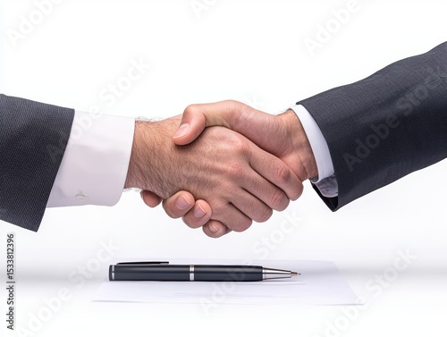 Business handshake sealed deal with pen and document